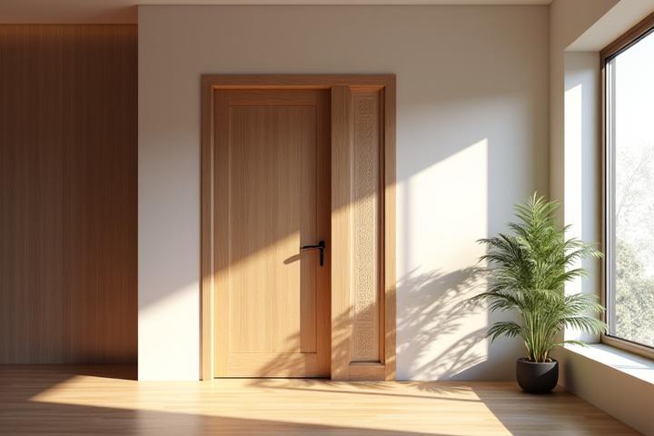 Modern apartment interior featuring a custom 3D printed feature door, blending seamlessly with contemporary decor