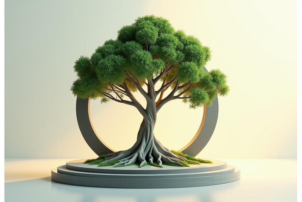 Abstract representation of intertwining values: a strong oak tree with roots embedded in sustainability, branches reaching towards innovation, all within a circular emblem of quality.